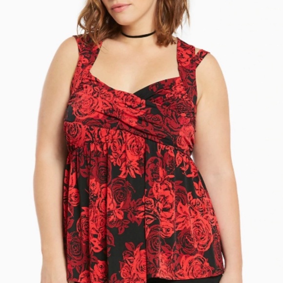 Torrid Plus Size Red & Black Floral Rose Crosscross Babydoll Top 2X valentines - Picture 7 of 7